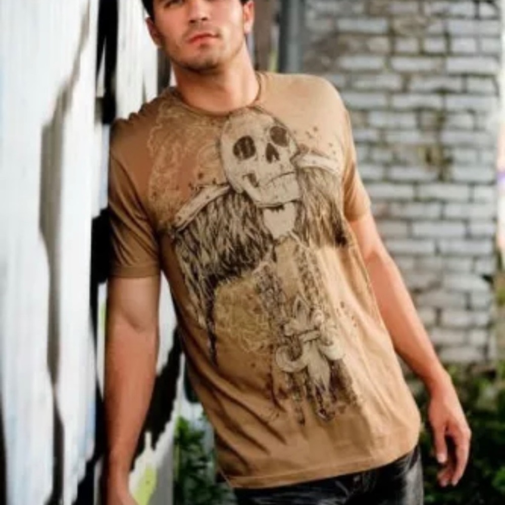 Distressed Tan Men's Skull Chain T-Shirt top New